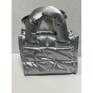 GU Women Metallic Silver Puffy Mini Shoulder Bag Quilted Puffer Crossbody NEW